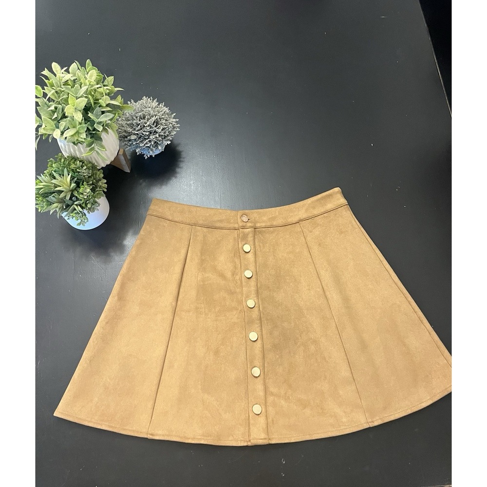 Fuinloth Boutique Tan Faux Suede A Line Panel Button Down Skirt XL Fall Trendy